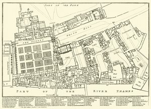 Copia reducida del Plano del Palacio Real de Whitehall de Fisher, tomado en el reinado de Carlos II, 1680 de English School